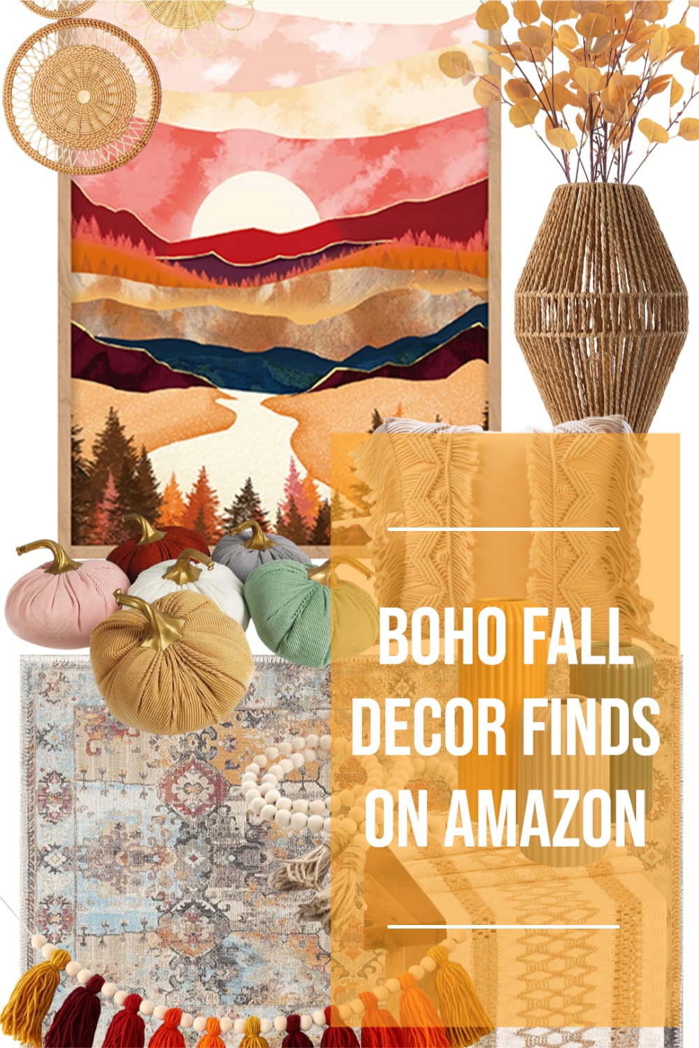 Boho fall home inspiration with canvas art, wicker, garland, rug, baskets