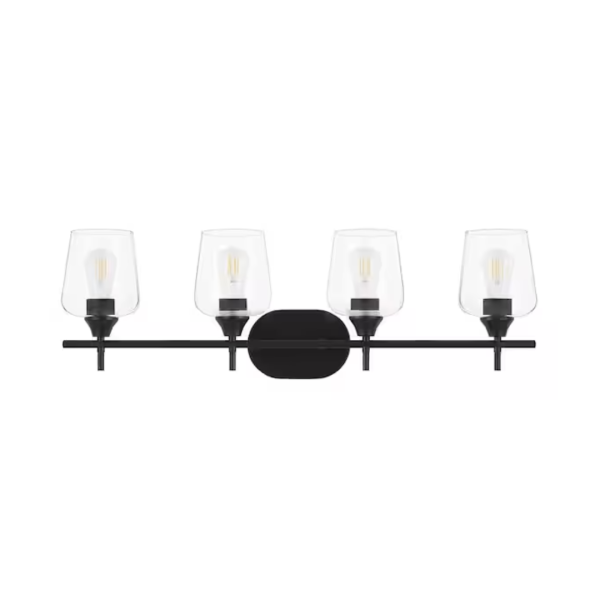 Illuminate your bathroom with the stylish Hampton Bay Pavlen Black Vanity Light. Featuring four lights and clear glass shades, this 33-inch vanity light combines modern design with functionality. The sleek black finish adds a touch of sophistication to any bathroom decor.