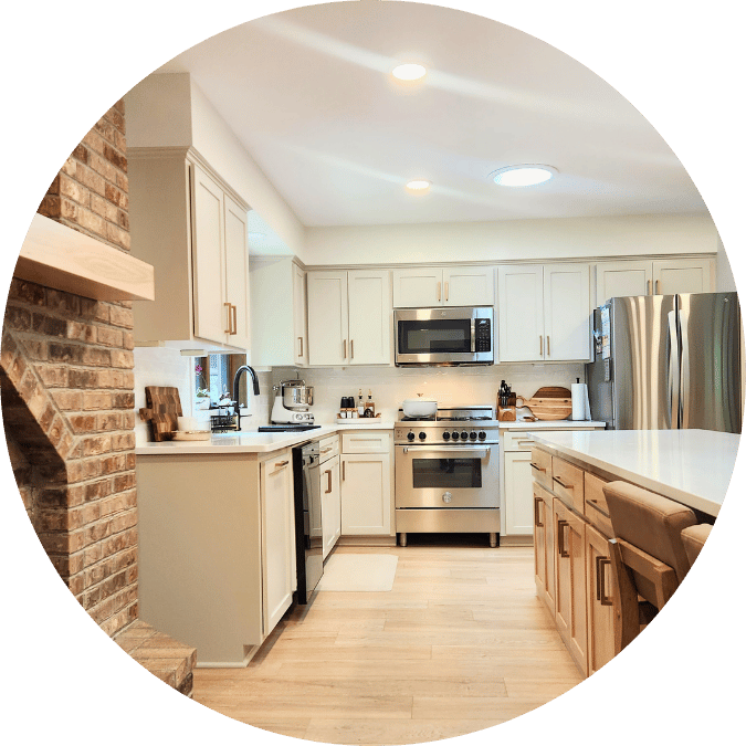 Kitchen Remodel Minnesota Kitchen remodel in Minnesota. Sherwin Williams Accessible Beige with White Oak floors and Brick Fireplace.