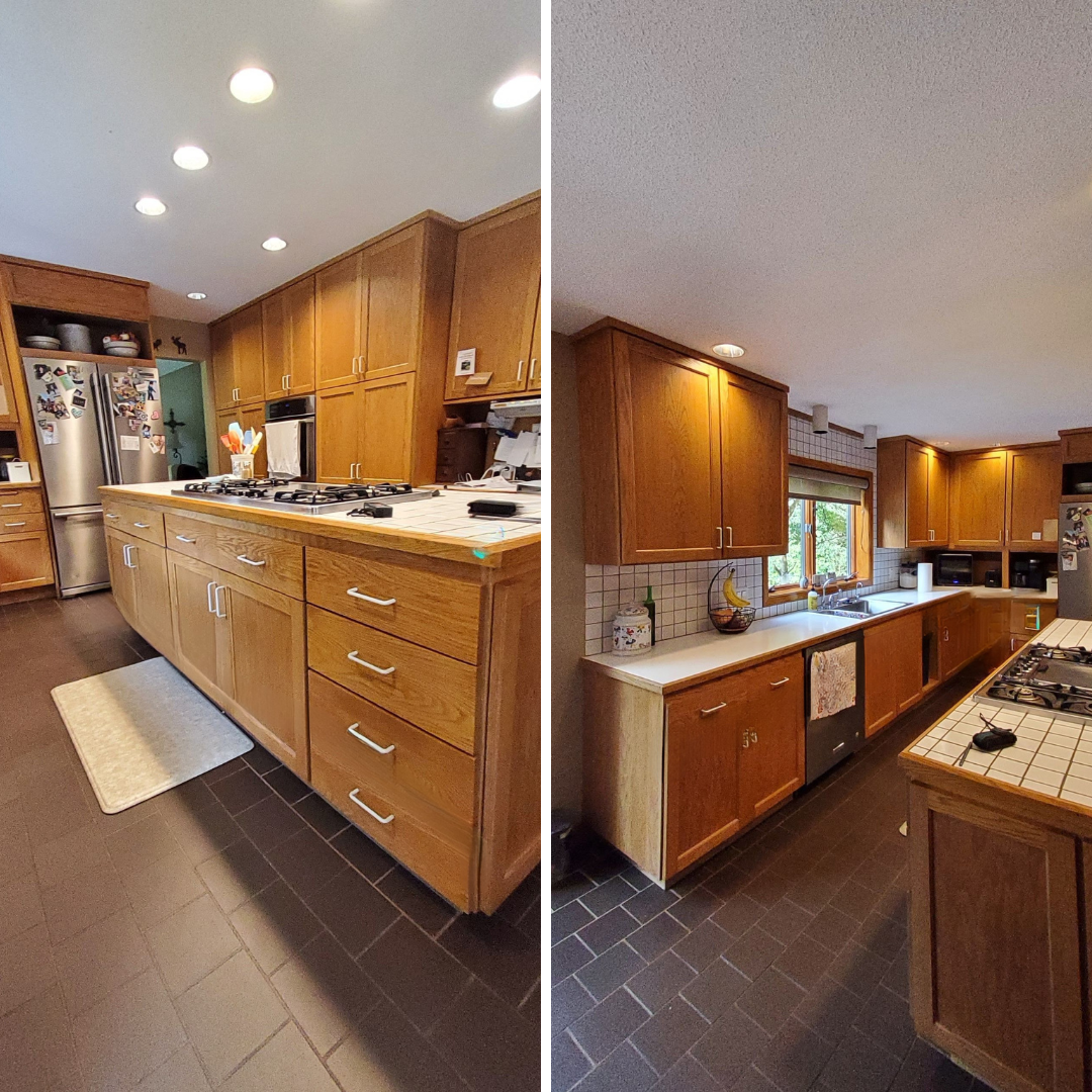 Before the work started, we evaluated all of the updates being made in this kitchen.  New countertops, backsplash, a cabinet refresh, and more!