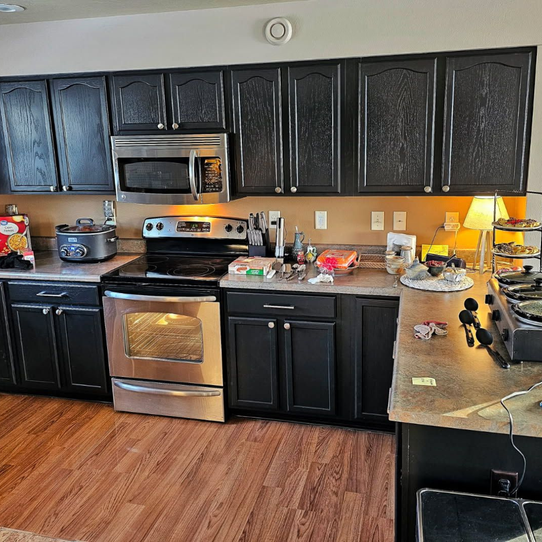 This kitchen is way more open - plenty of space to serve a meal!