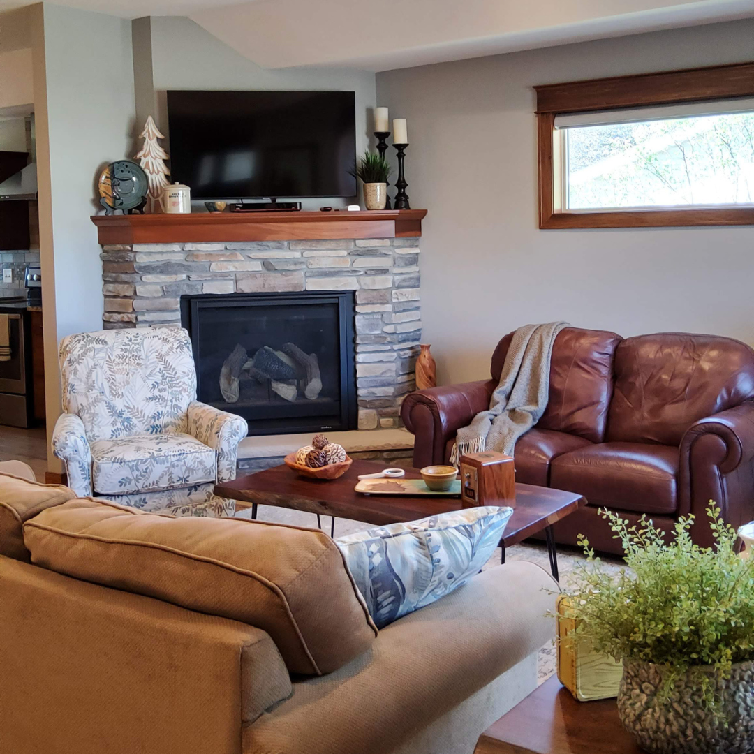 This fireplace is functional but in need of a refresh especially to be cohesive with the rest of the updates happening in the home. Currently, the surround has more of a mosaic tile look. 